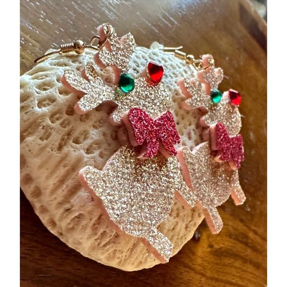 Rudolph Reindeer Earrings Handmade Christmas Whimsical Hooks Glitter Acc… - Picture 11 of 12